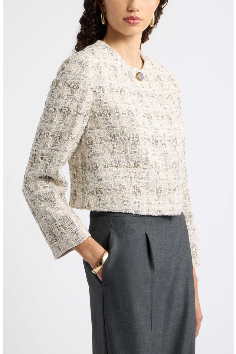 Collarless Cropped Tweed Jacket, Alternate, color, IVORY PLAID