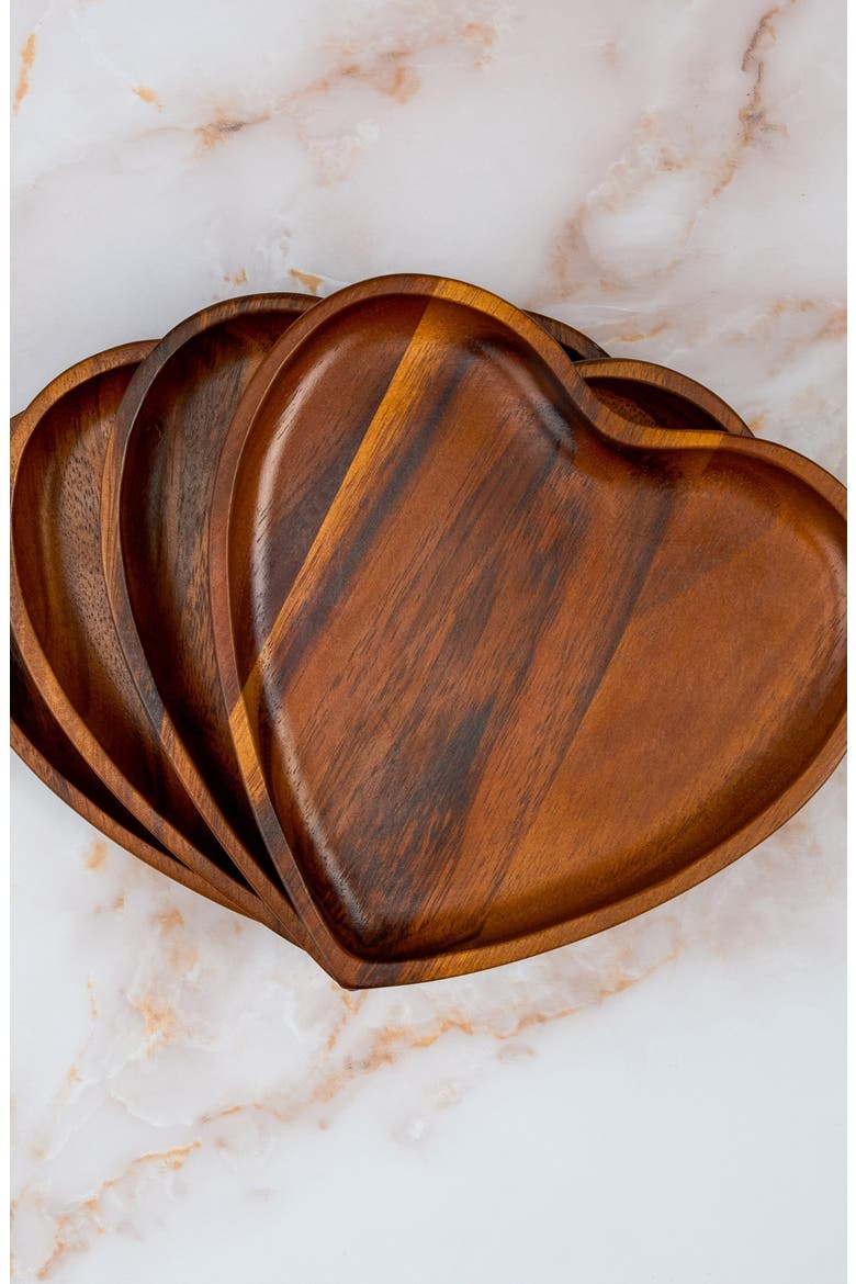 Eat Your Heart Out Set of 4 Acacia Wood Appetizer Plates, Alternate, color, BROWN