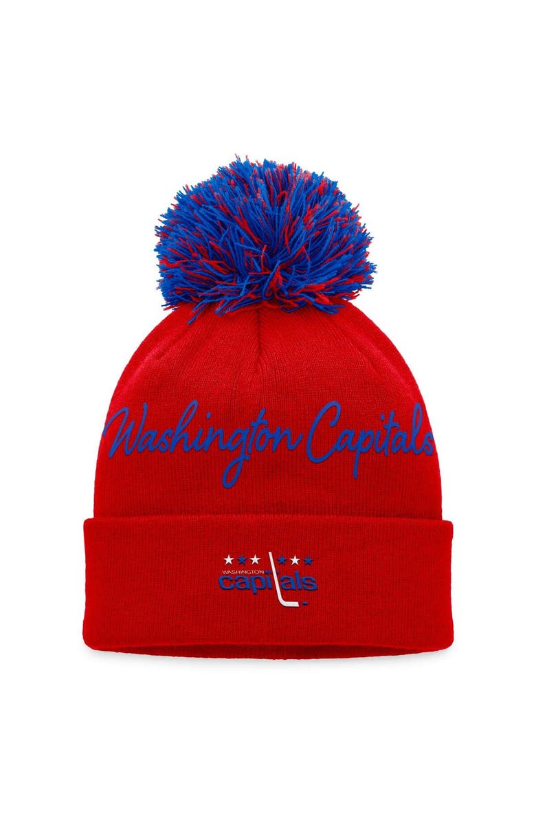 FANATICS Women's Fanatics Branded Red Washington Capitals Retro Script Cuffed Knit Hat with Pom, Main, color, 