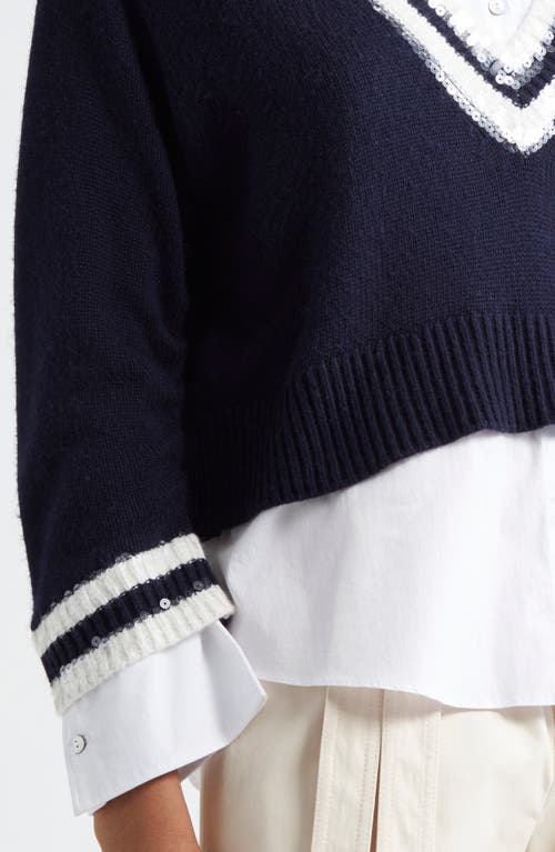 Cinq À Sept Santina Sequin Detail Layered Sweater In Navy/white