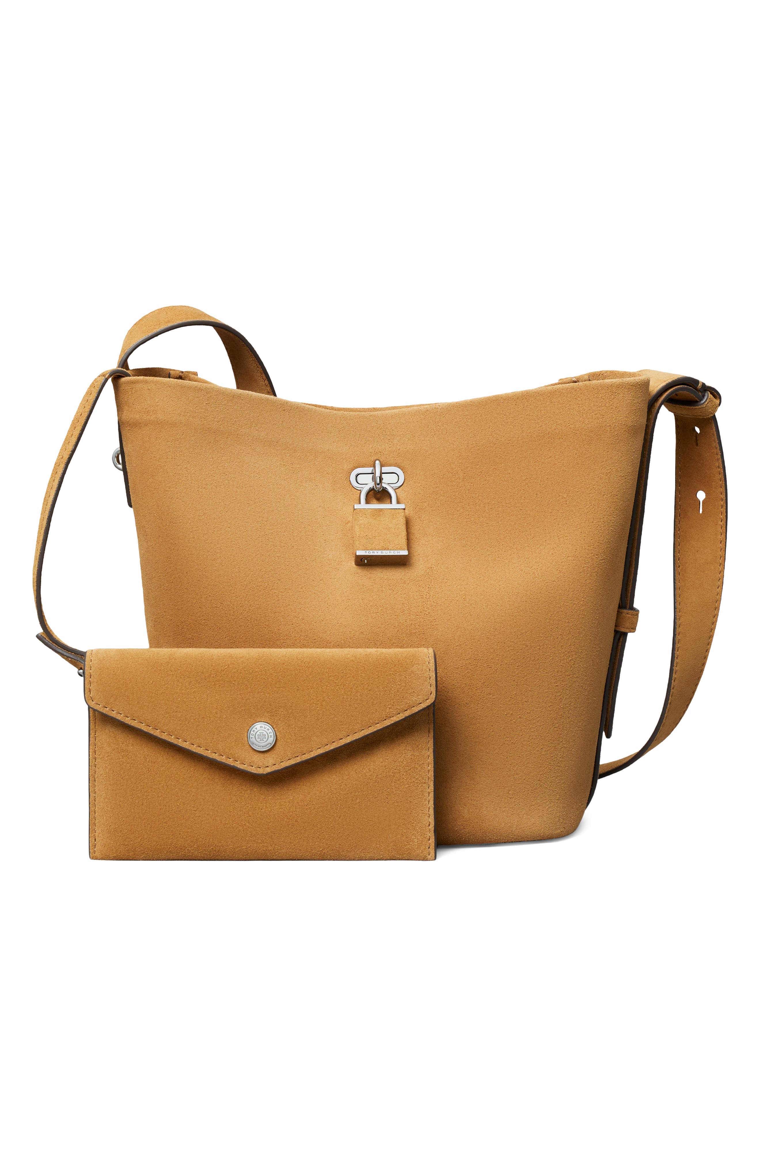 Lock Medium Slim Suede Bucket Bag, Alternate, color, TOFFEE
