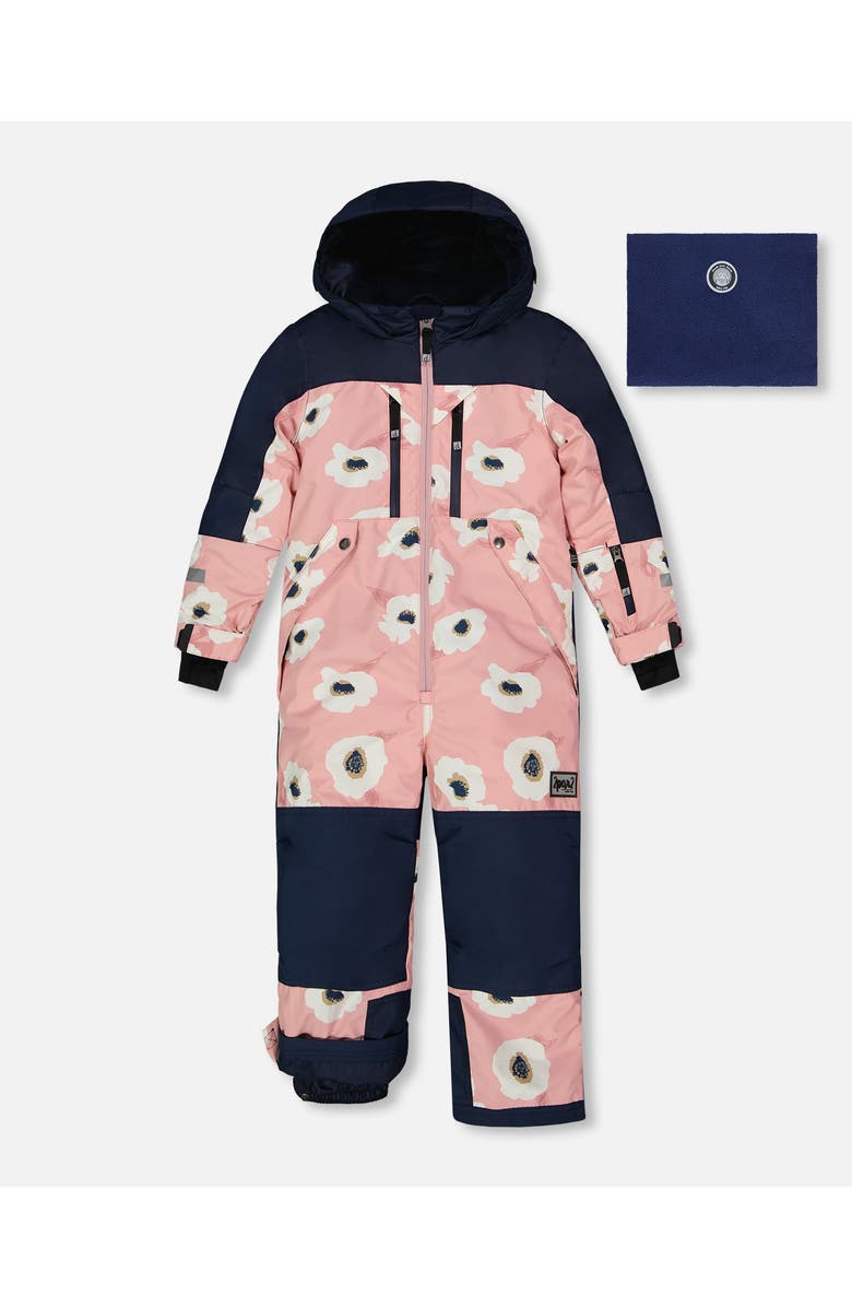 Deux par Deux Girl's One Piece Technical Snowsuit Pink Printed Off White Flowers, Main, color, 