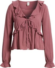 BP. Ruffle Tie Neck Button-Up Shirt