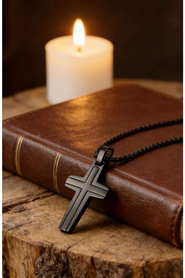 Men's Cross Pendant Necklace, Alternate, color, BLACK