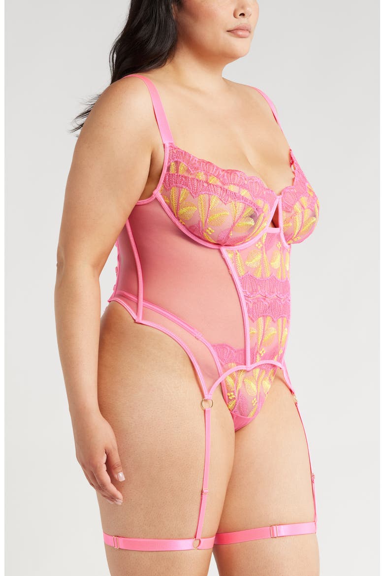 Embroidered Mesh Underwire Bustier with Garter Straps & Thong Set, Alternate, color, NEON PINK