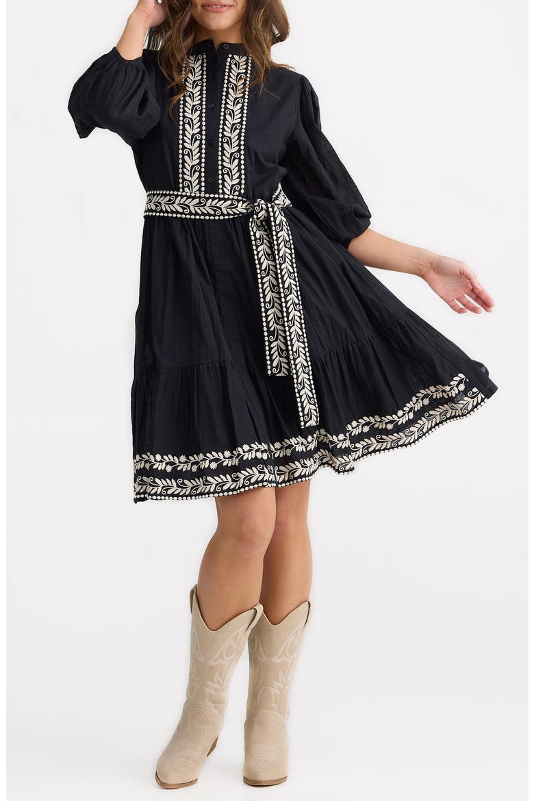 Cala Embroidered Tie Waist Cotton Dress, Main, color, BLACK W OFF WHITE