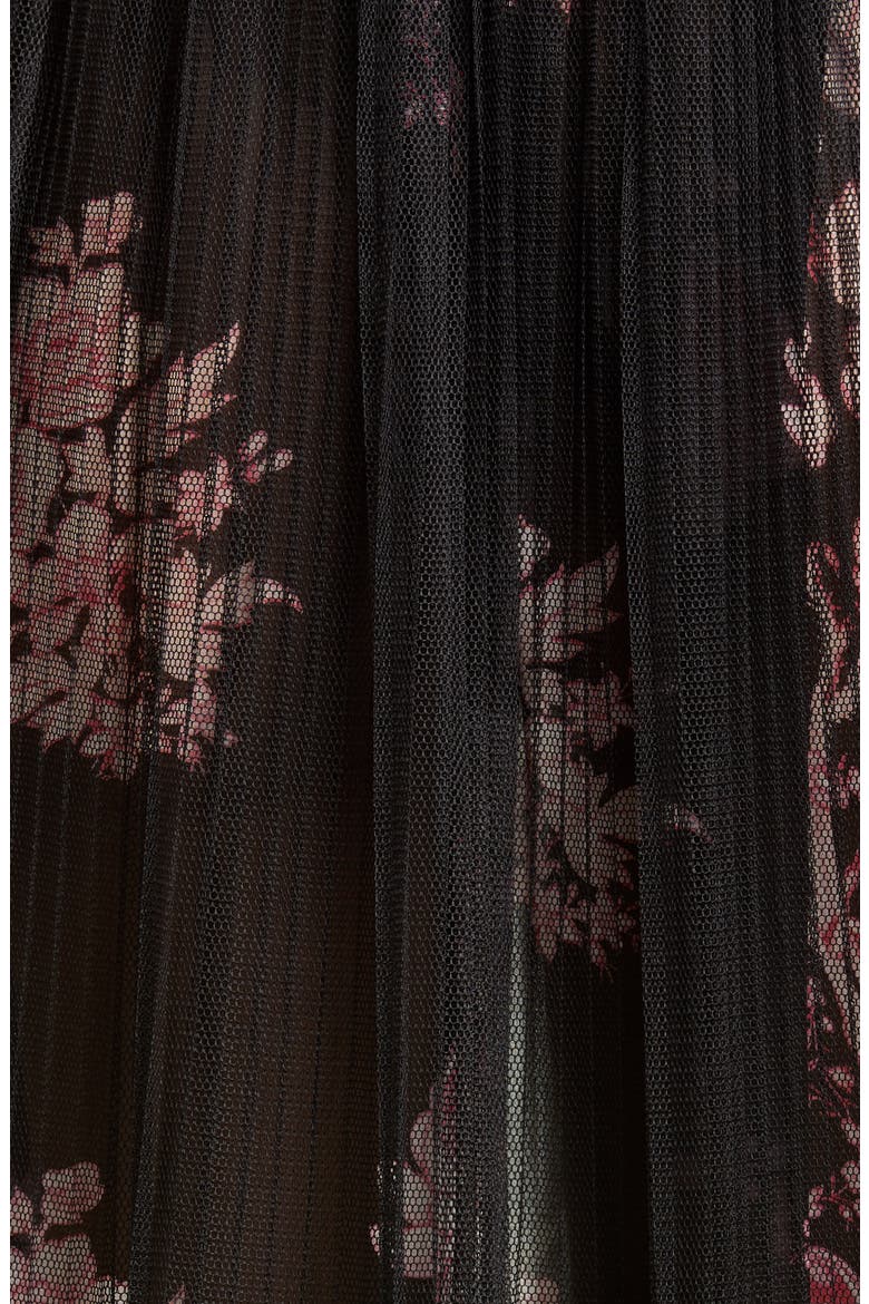 Pleated Tulle Overlay Floral Gown, Alternate, color, BLACK