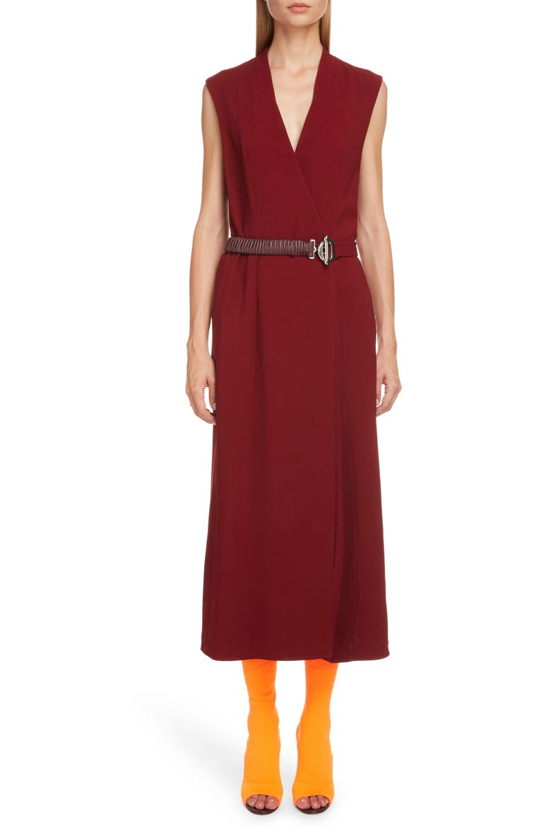 Surplice Midi Dress with Leather Belt, Main, color, BORDEAUX