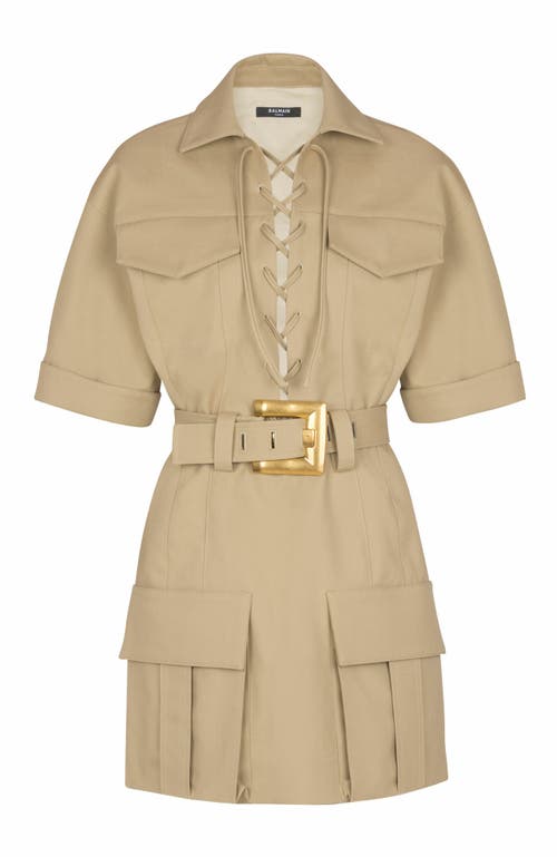 Balmain Cotton Belted Mini Dress In Brown