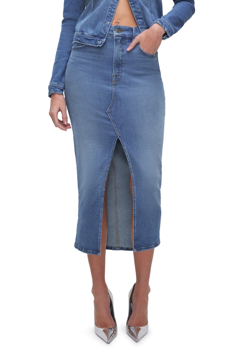 Good American Slit Front Denim Midi Skirt, Main, color, Blue691