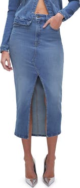 Good American Slit Front Denim Midi Skirt