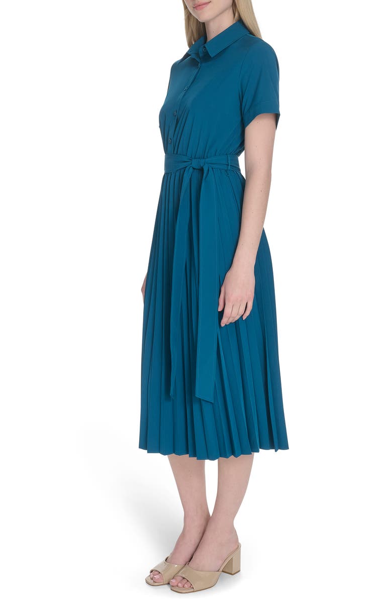 Calvin Klein Short Sleeve Pleated Shirtdress, Alternate, color, Cypress