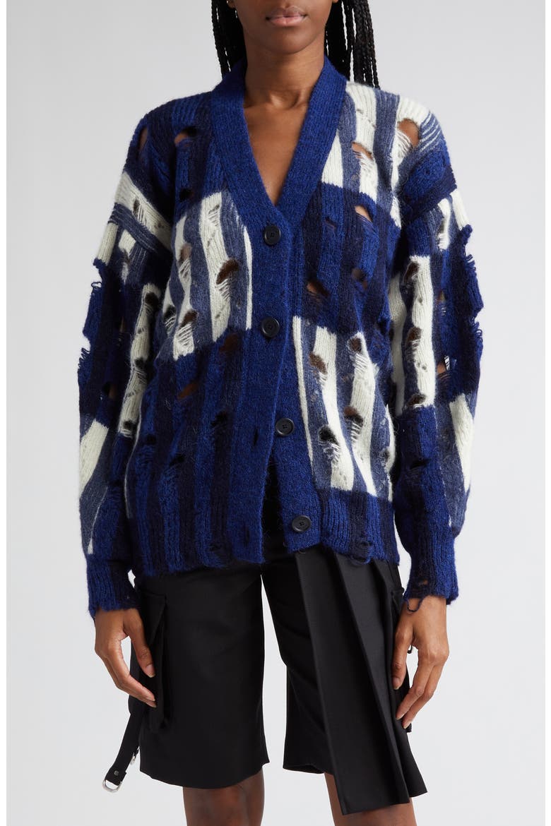 Shibori Distressed Mohair & Alpaca Blend Cardigan, Main, color, BLUE WHITE