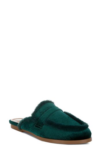 Rag & Co Malta Faux Fur Trim Velvet Mule In Bottle Green