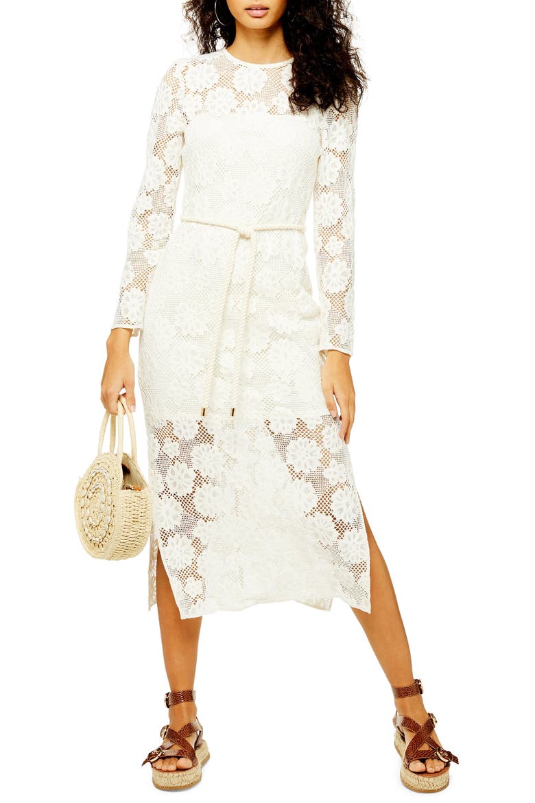 Lace Rope Belt Midi Dress, Main, color, IVORY