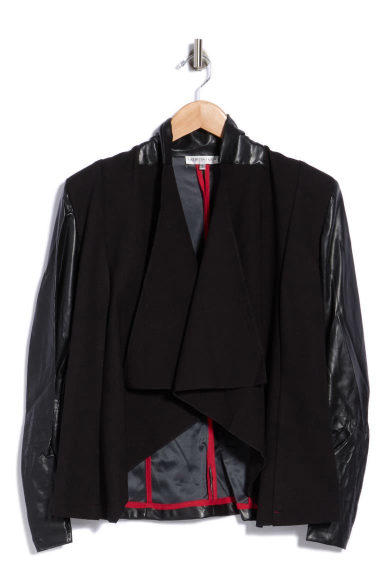 Faux Leather Sleeve Drape Front Jacket, Alternate, color, BLACK