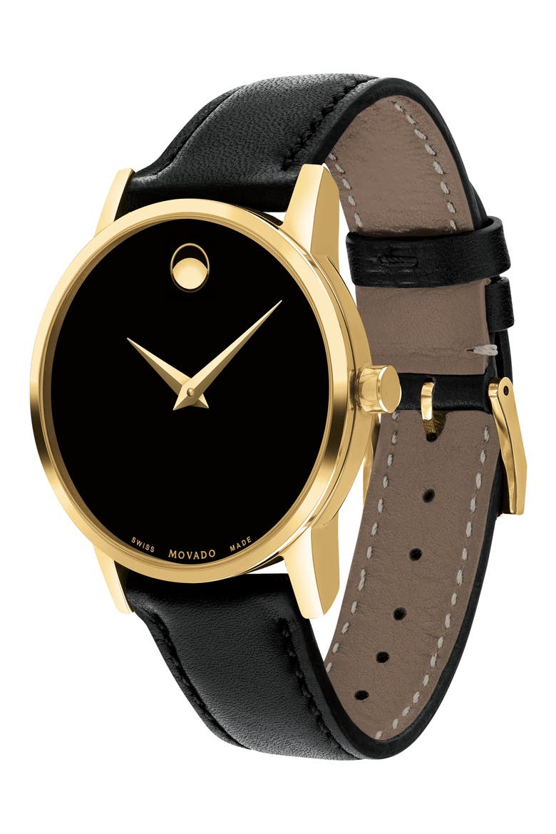 Leather Strap Watch, 28mm, Alternate, color, BLACK/ GOLD