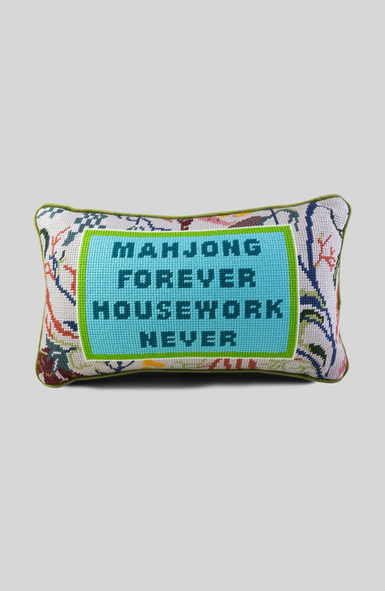 Furbish Mahjong Needlepoint Pillow, Main, color, Green, Blue-Green, Light Gray