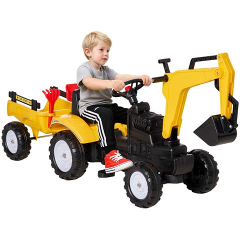 Kid's Pedal Digger Construction Car with Horn, Detachable Trailer