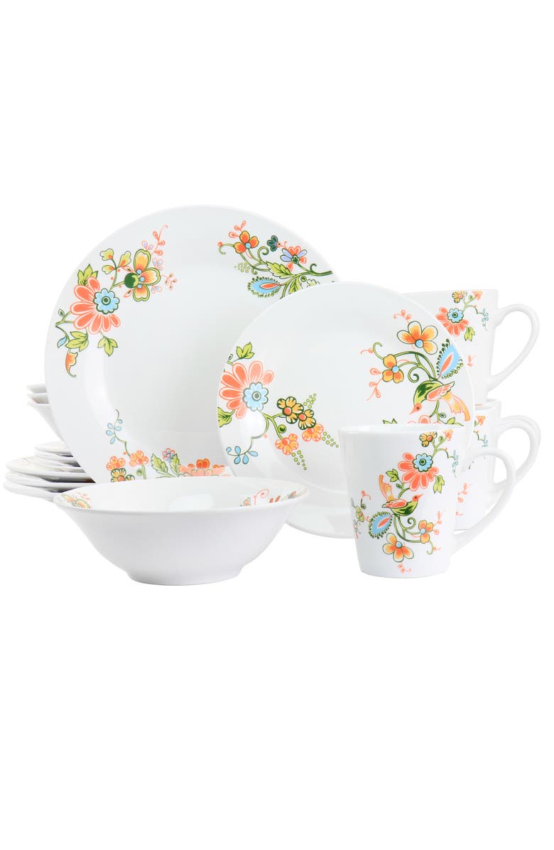 Elama Spring Bloom 16 Piece Round Porcelain Dinnerware Set, Main, color, White