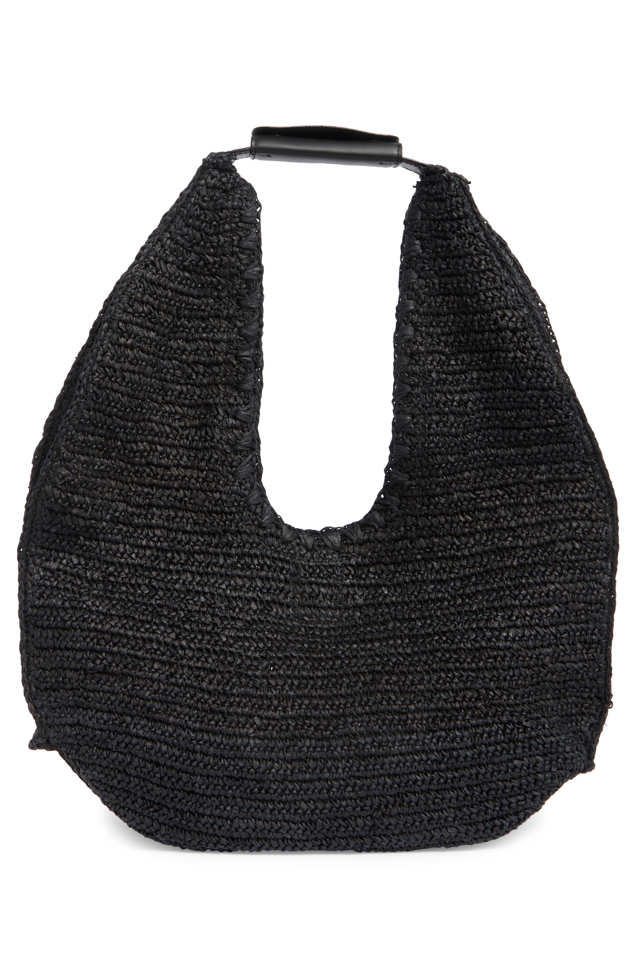 BCBG Woven Raffia Shoulder Bag, Alternate, color, Black