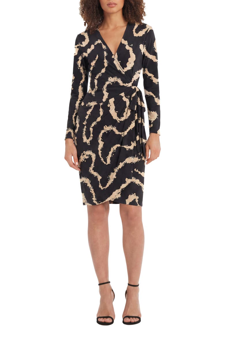Printed Long Sleeve Wrap Dress, Main, color, BLACK/ TAN
