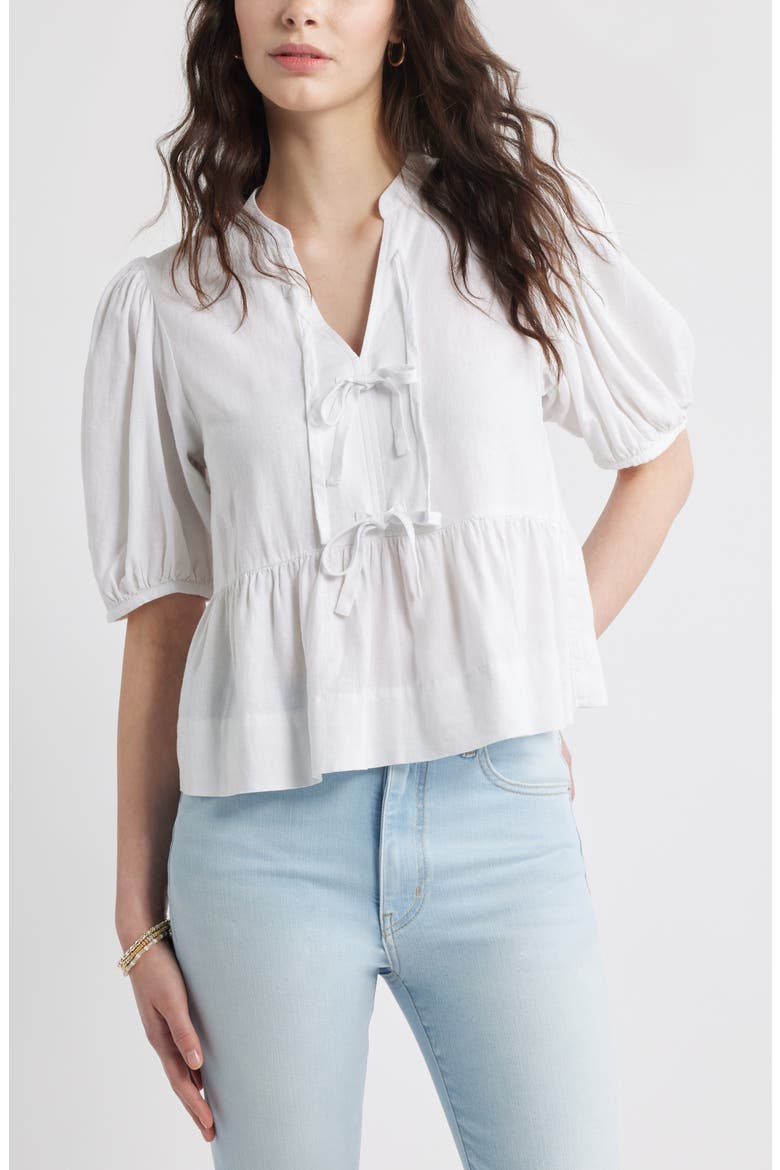 Linen Blend Tie Front Peplum Top, Main, color, WHITE