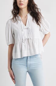 Caslon® Linen Blend Tie Front Peplum Top