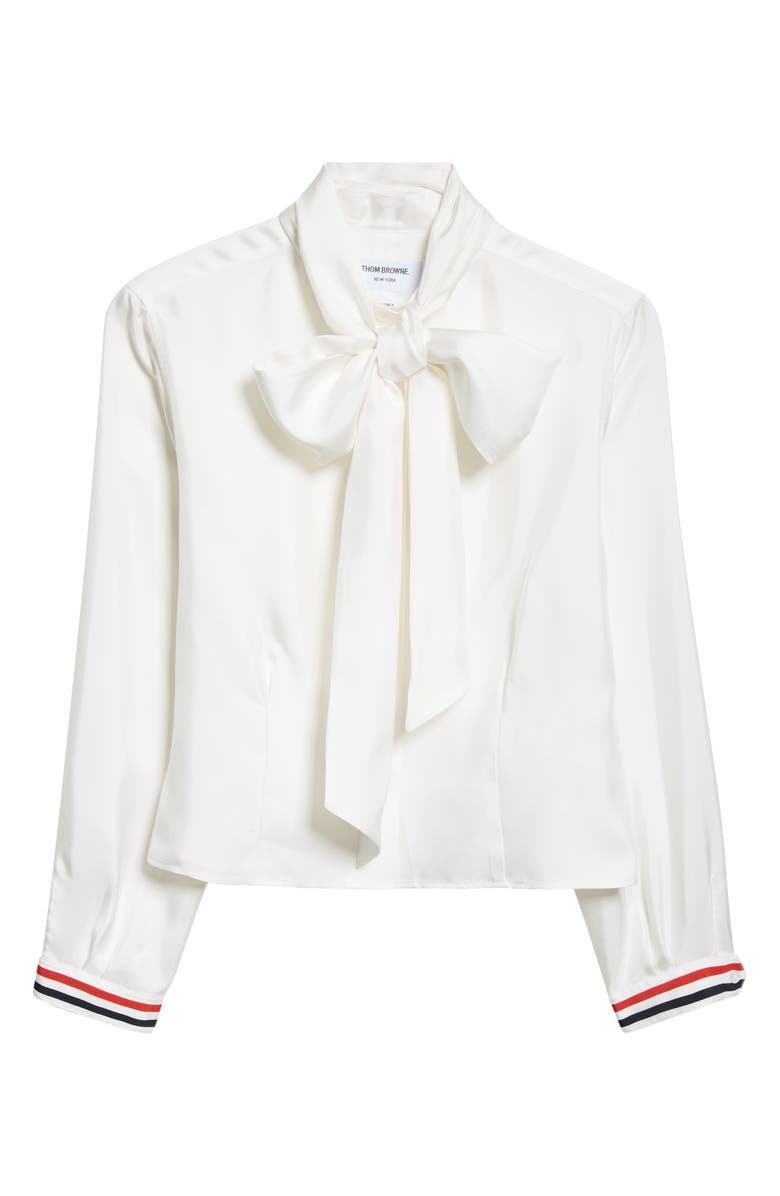 Thom Browne Tie Neck Long Sleeve Silk Top, Alternate, color, White