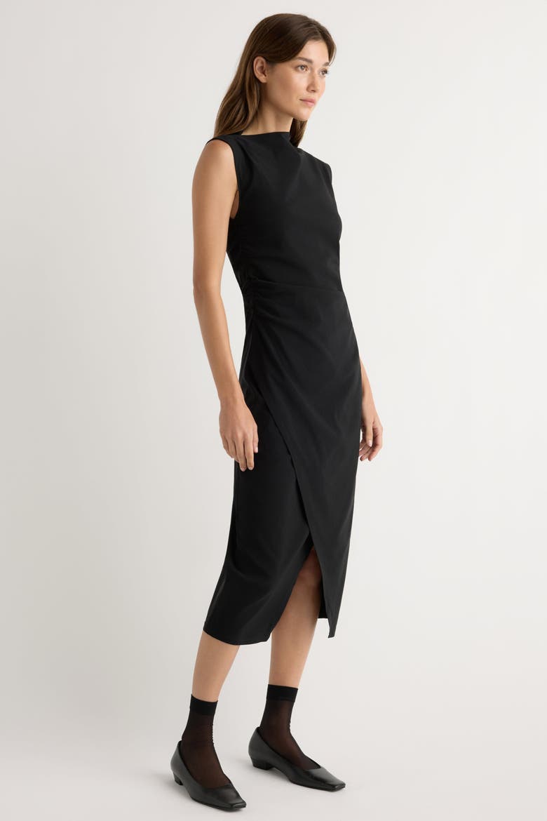 Manon Asymmetric-Neck Ruched Dress, Alternate, color, Black