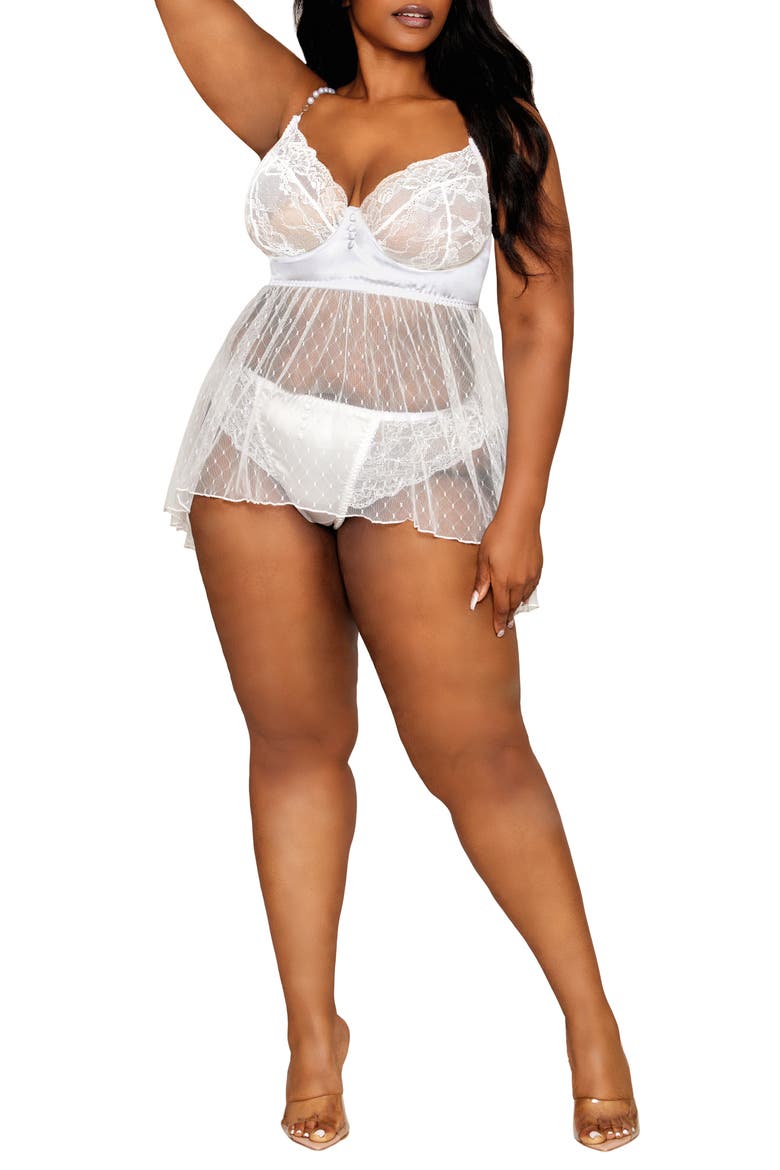 Lace & Satin Babydoll Chemise & Panty Set, Alternate, color, WHITE