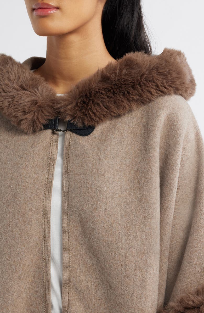 La Fiorentina Faux Fur Trim Hooded Ruana, Alternate, color, Tan