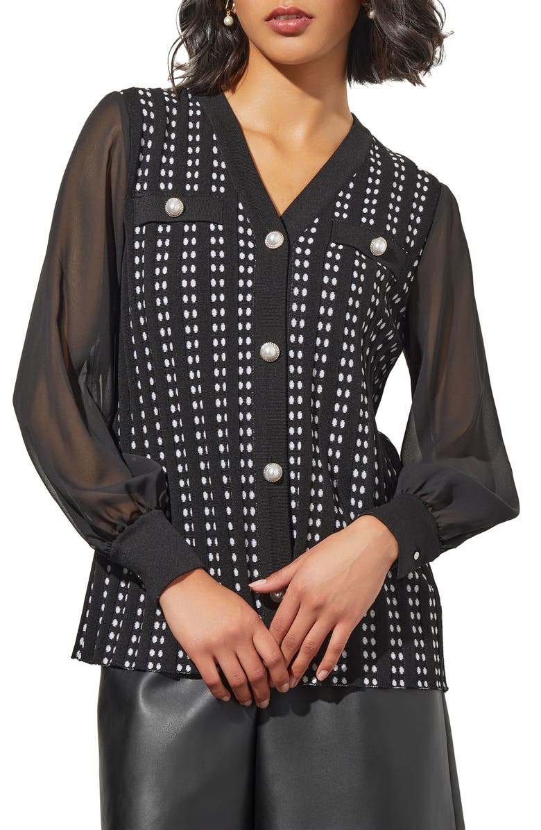 Ming Wang Mix Media Sheer Sleeve Tweed Cardigan, Main, color, 