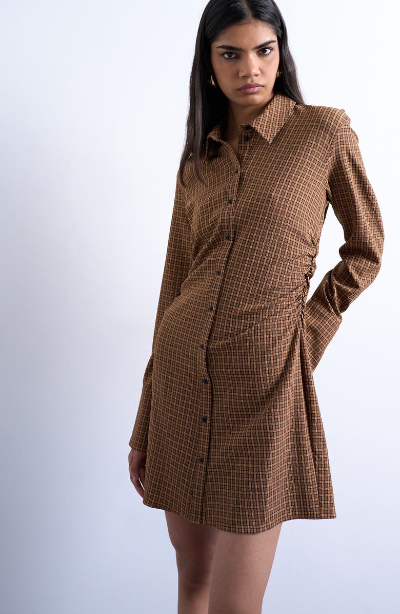 Topshop Long Sleeve Ruched Shirtdress, Alternate, color, Brown