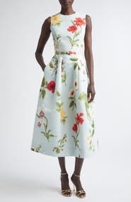 Oscar de la Renta Chiné Dominican Floral Faille Midi Dress