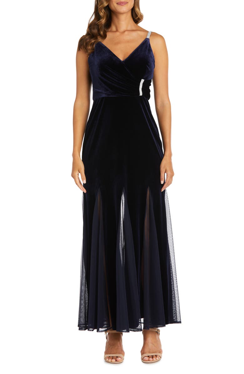 Nightway Stretch Velvet V-Neck Gown, Main, color, 