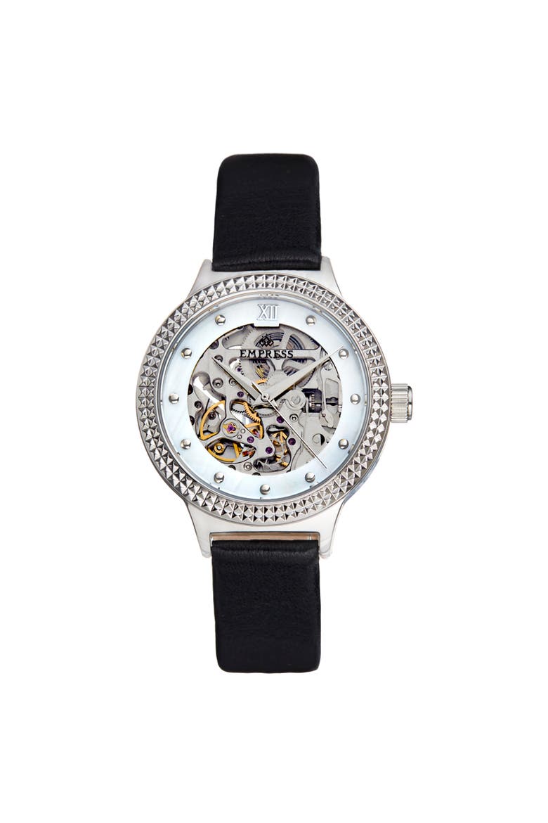 Alice Automatic Skeleton Leather-Band Watch, Main, color, Black