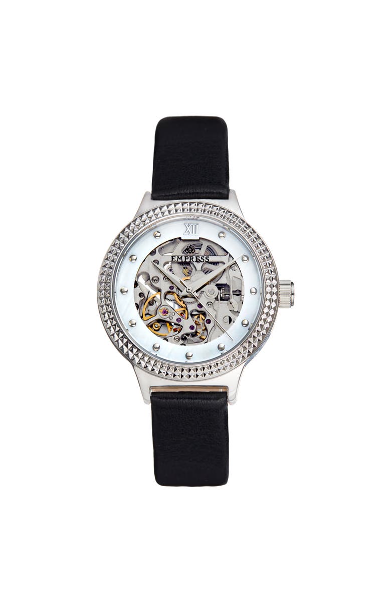 Empress Alice Automatic Skeleton Leather-Band Watch, Main, color, Black