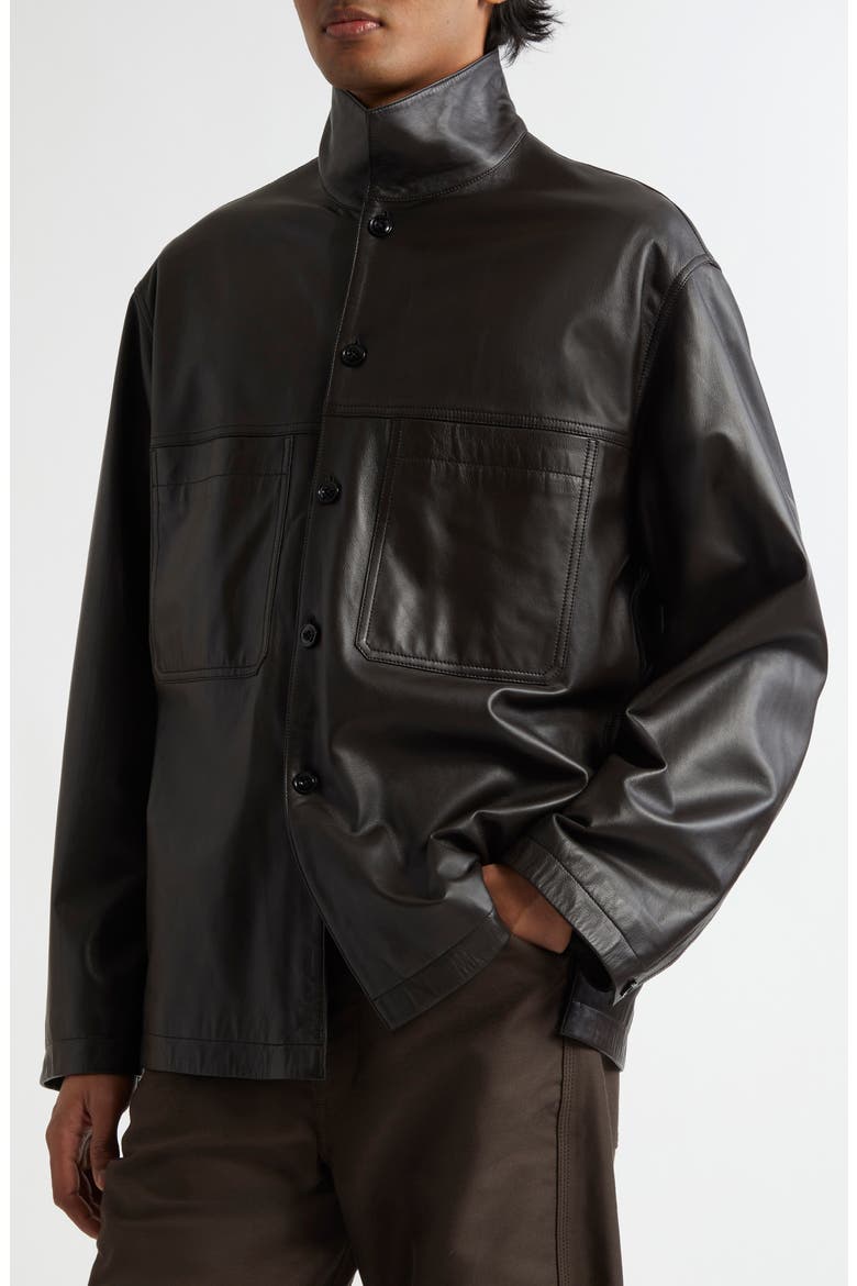 Stand Collar Leather Shirt Jacket, Alternate, color, DARK ESPRESSO BR507