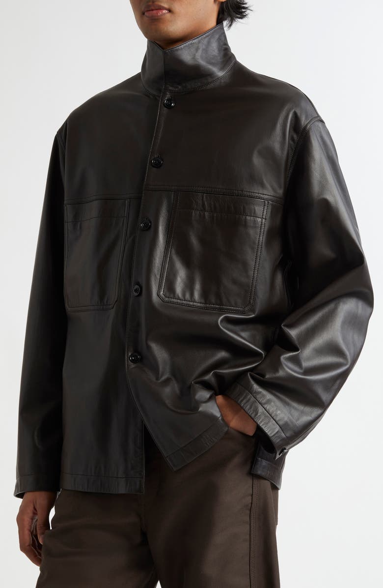 Lemaire Stand Collar Leather Shirt Jacket, Alternate, color, Dark Espresso Br507