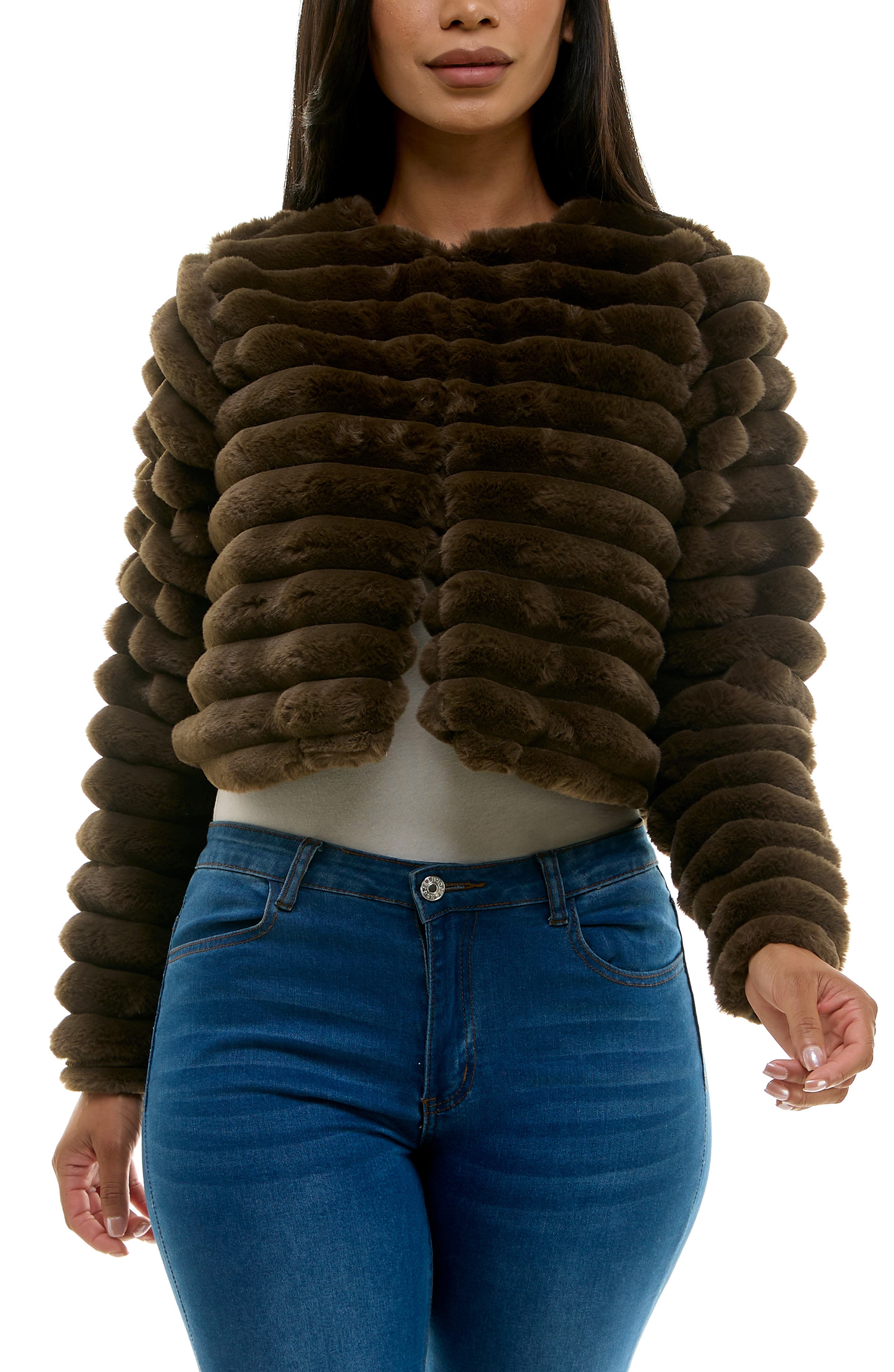 Nina Leonard Faux Fur Long Sleeve Bolero