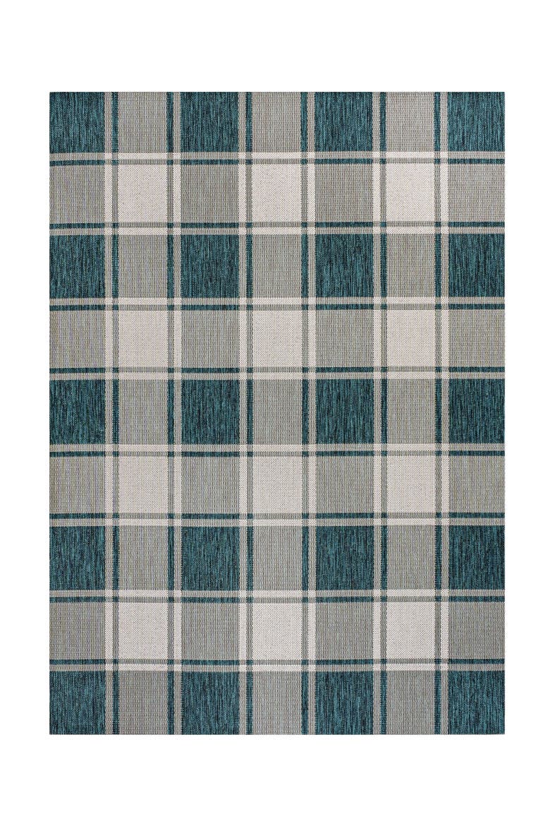Sabine Traditional Farmhouse Bold Gingham Indoor/Outdoor Area Rug, Alternate, color, Turquoise/Cream