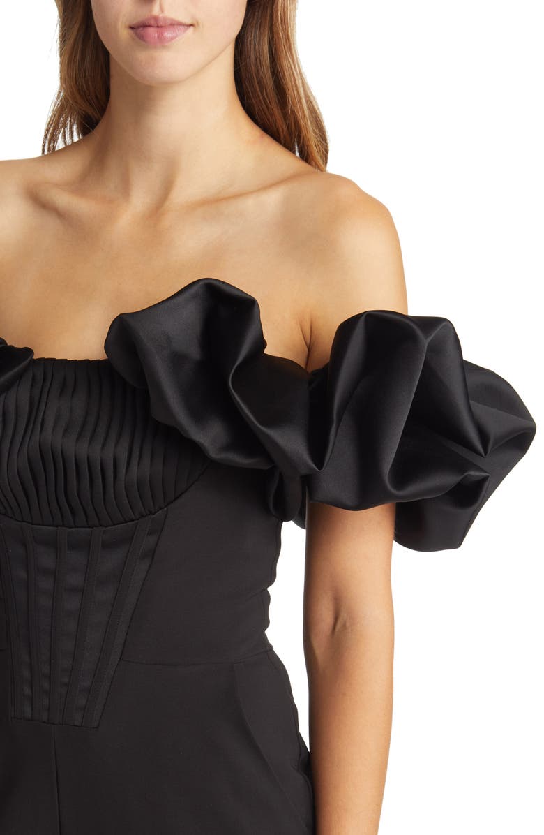 Lavish Alice Pleated Corset Off the Shoulder Satin Jumpsuit, Alternate, color,
