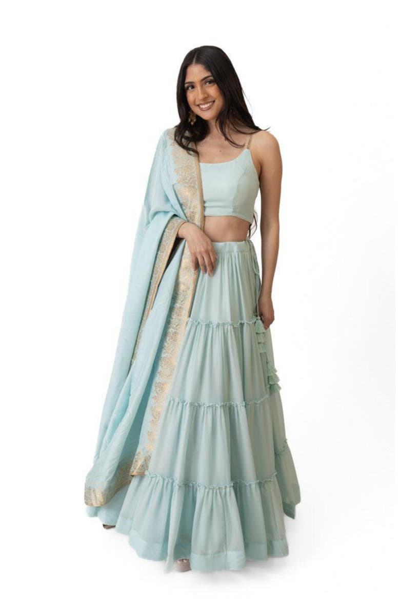 Elvia Tiered Lehenga Choli Set, Alternate, color, Light Blue