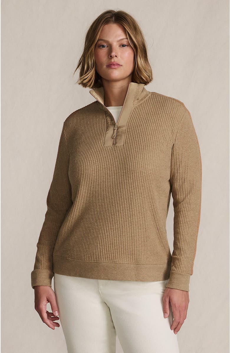 Lands' End Long Sleeve Waffle Quarter Zip Pullover, Main, color, Light Toffee Heather