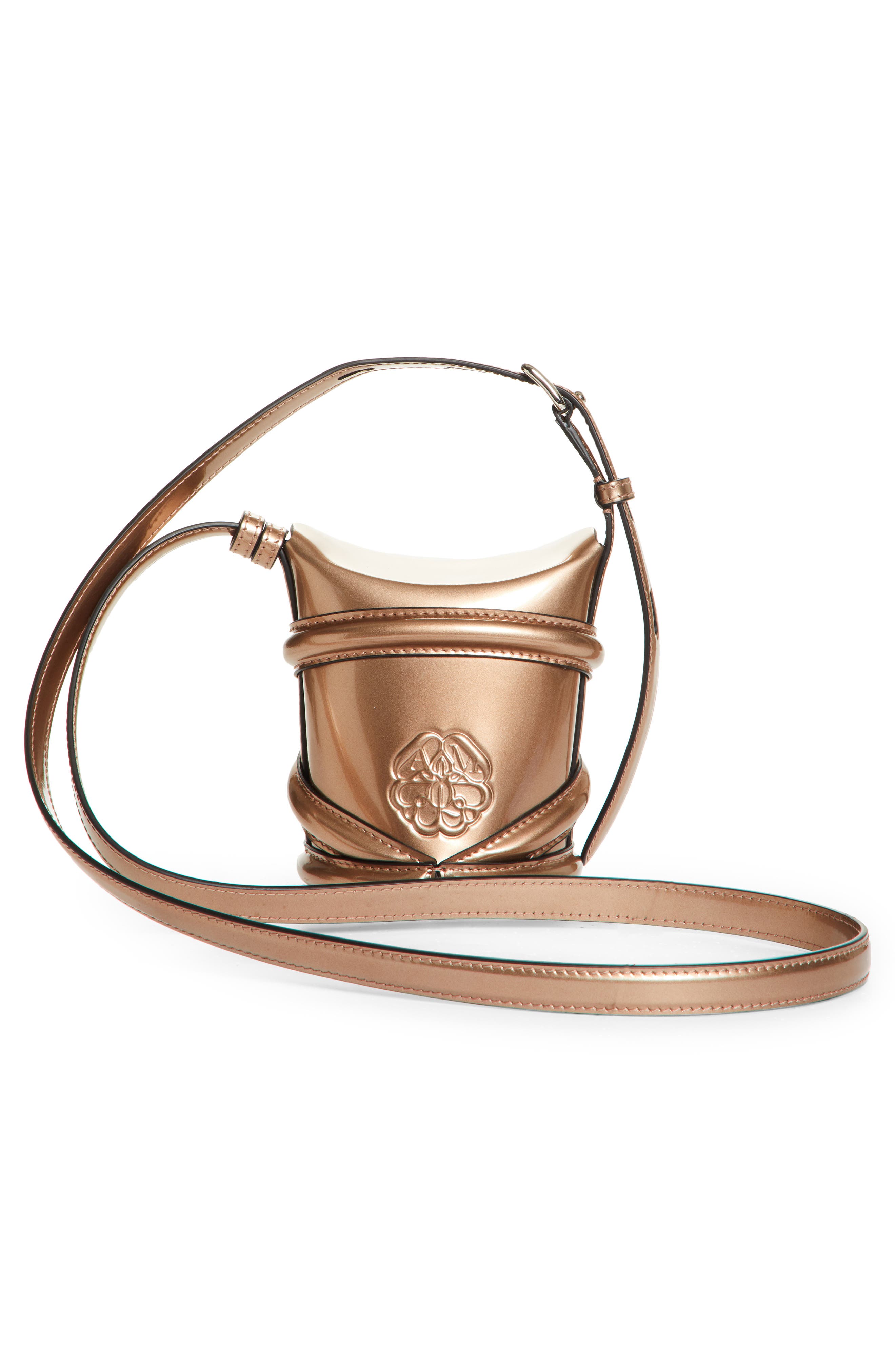 Alexander McQueen Micro The Curve Metallic Leather Crossbody Bag, Alternate, color, ROSE GOLD