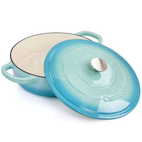 Crock-pot Artisan 5 Quart Enameled Cast Iron Braiser Pan With Lid In Gradient Aqua Blue In Blue