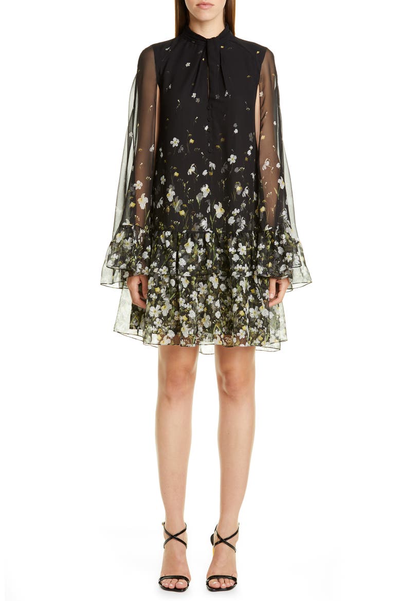 Floral Flounce Cape Sleeve Shift Dress, Main, color, BLACK / WHITE