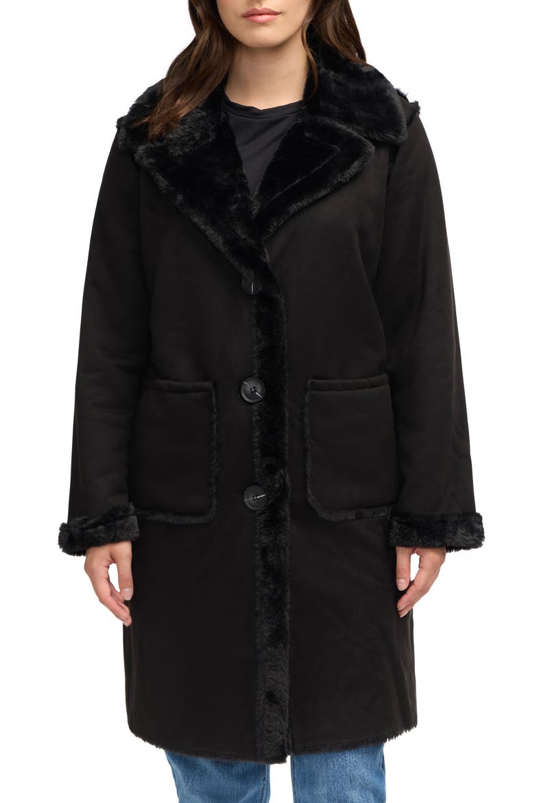 Faux Fur Detail Faux Shearling Coat, Main, color, BLACK