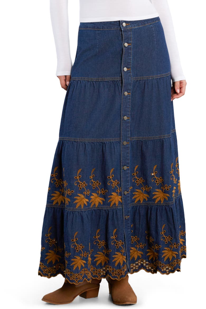 Tiered Eyelet Denim Midi Skirt, Main, color, BOHO DENIM